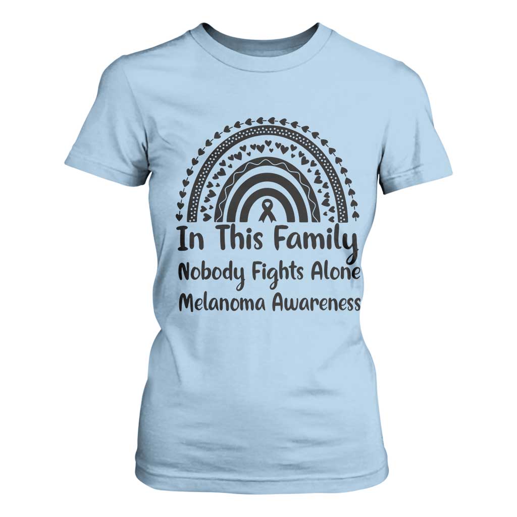 In This Family Nobody Fights Alone T Shirt For Women Melanoma Warrior Support TS12 Light Blue Print Your Wear