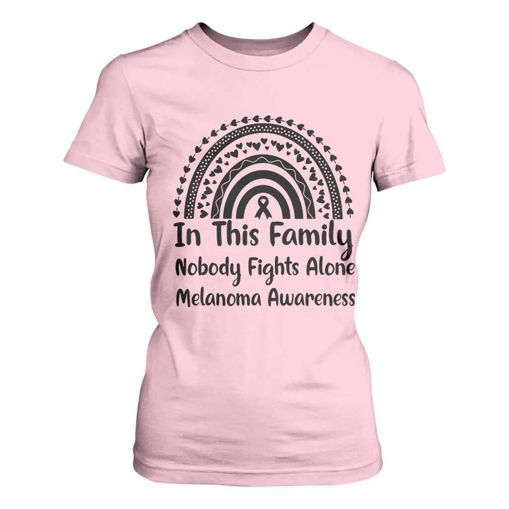 In This Family Nobody Fights Alone T Shirt For Women Melanoma Warrior Support TS12 Light Pink Print Your Wear