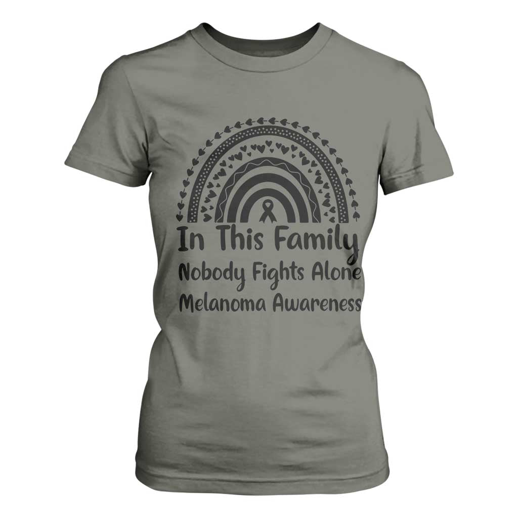 In This Family Nobody Fights Alone T Shirt For Women Melanoma Warrior Support TS12 Military Green Print Your Wear