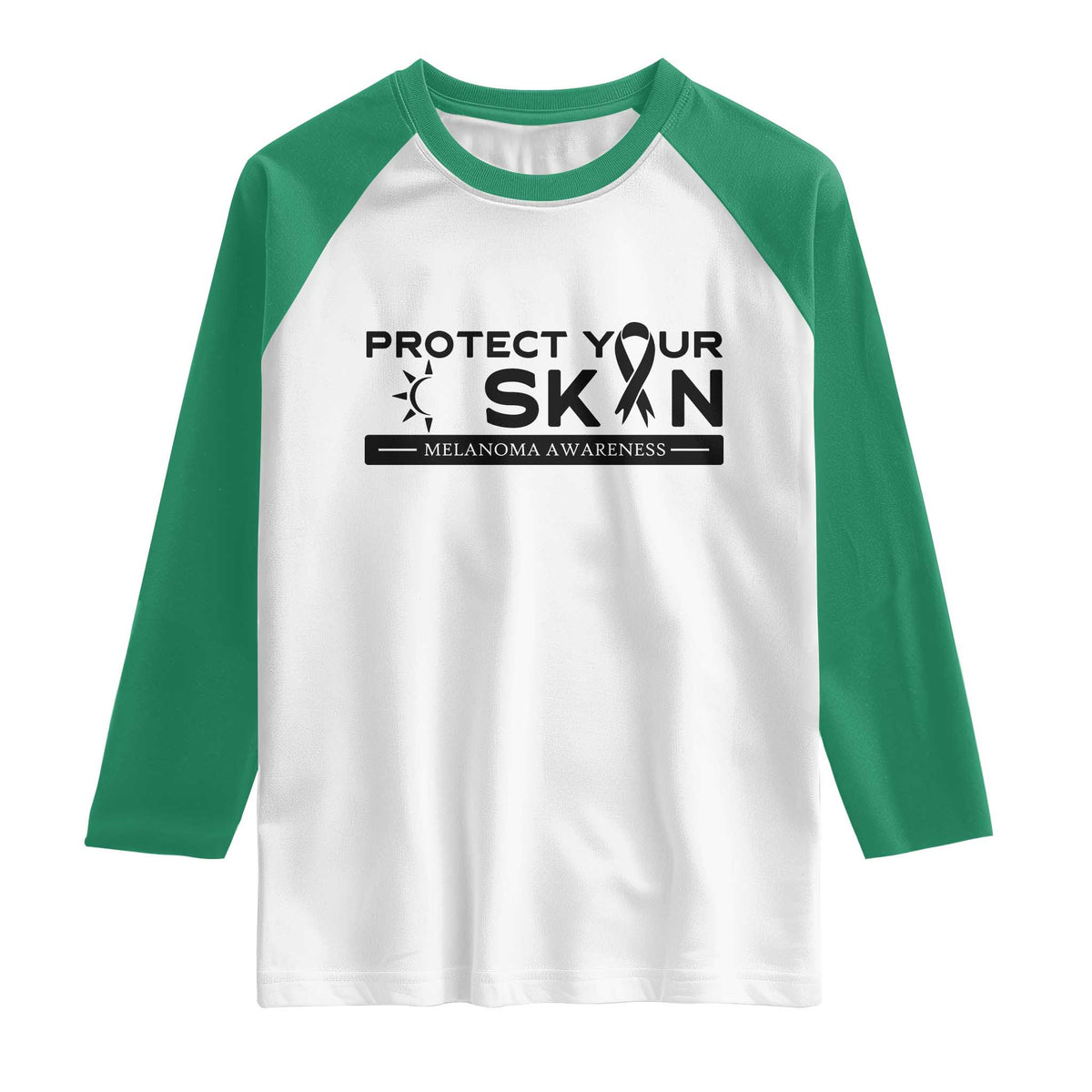 Melanoma Prevention Awareness Raglan Shirt Protect Your Skin TS12 White Kelly Green Print Your Wear