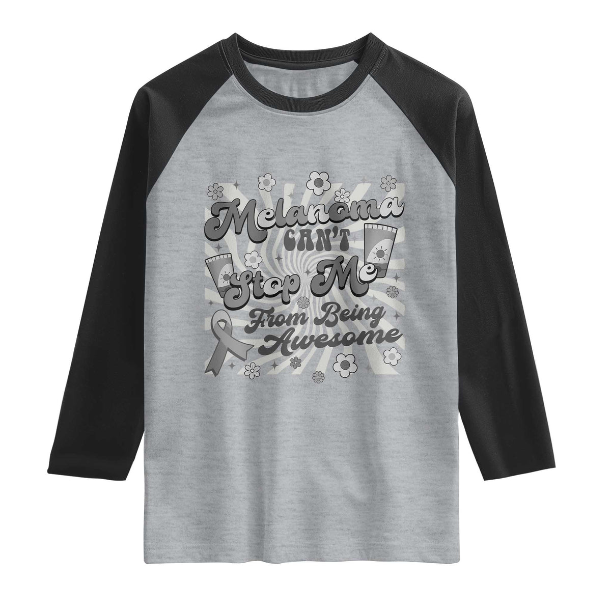 Melanoma Awareness Support Squad Raglan Shirt Melanoma Can't Stop Me TS12 Heather Gray Black Print Your Wear