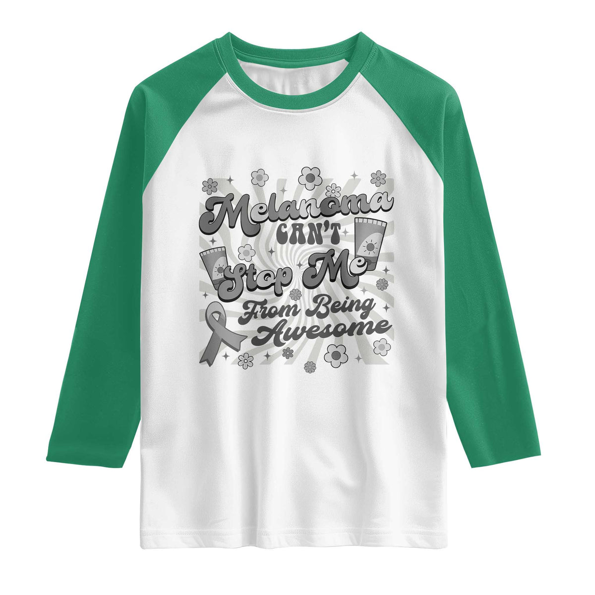 Melanoma Awareness Support Squad Raglan Shirt Melanoma Can't Stop Me TS12 White Kelly Green Print Your Wear