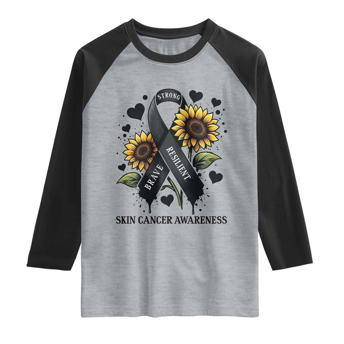 Sunflower Skin Cancer Awareness Raglan Shirt Brave Strong Resilient TS12 Heather Gray Black Print Your Wear