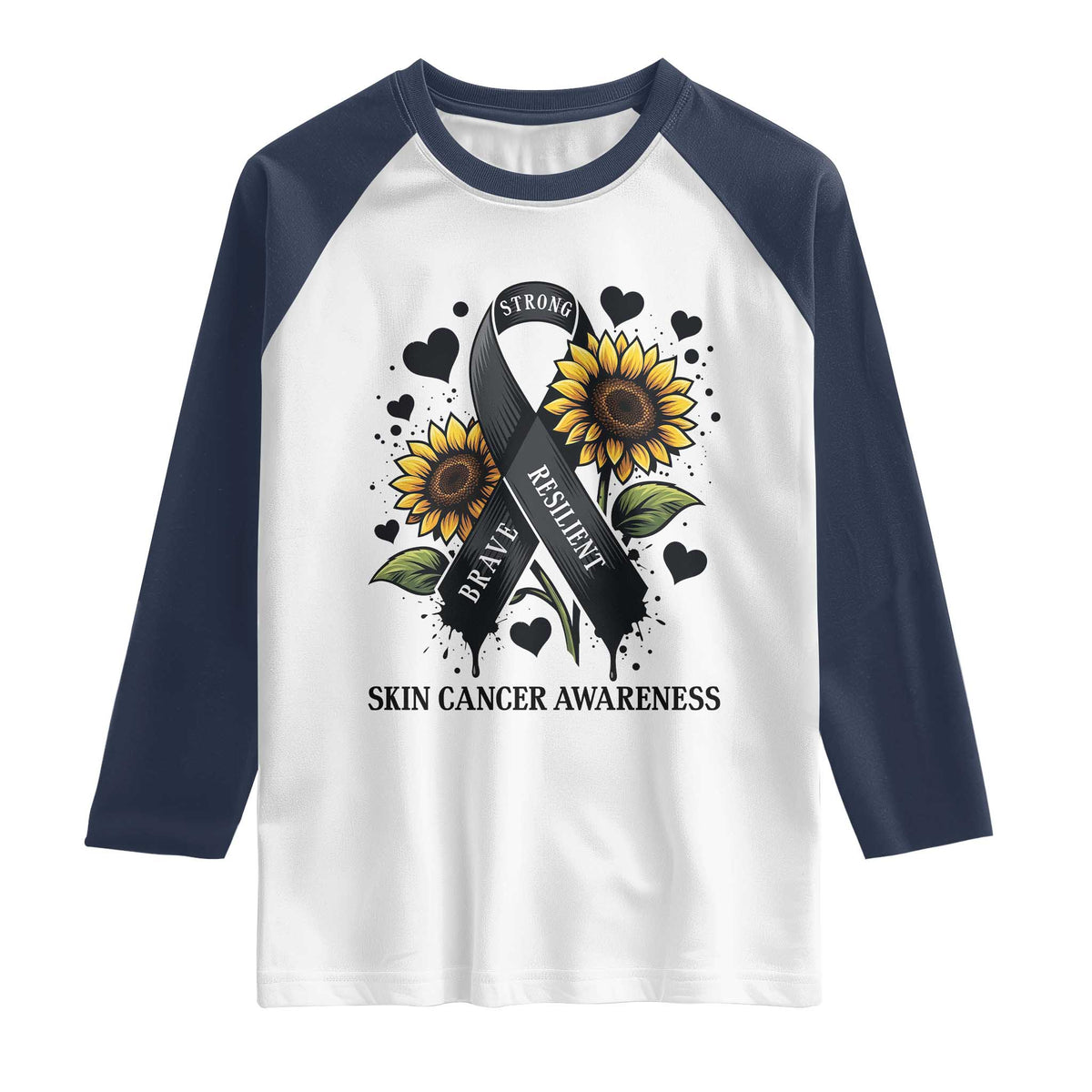 Sunflower Skin Cancer Awareness Raglan Shirt Brave Strong Resilient TS12 White Navy Print Your Wear