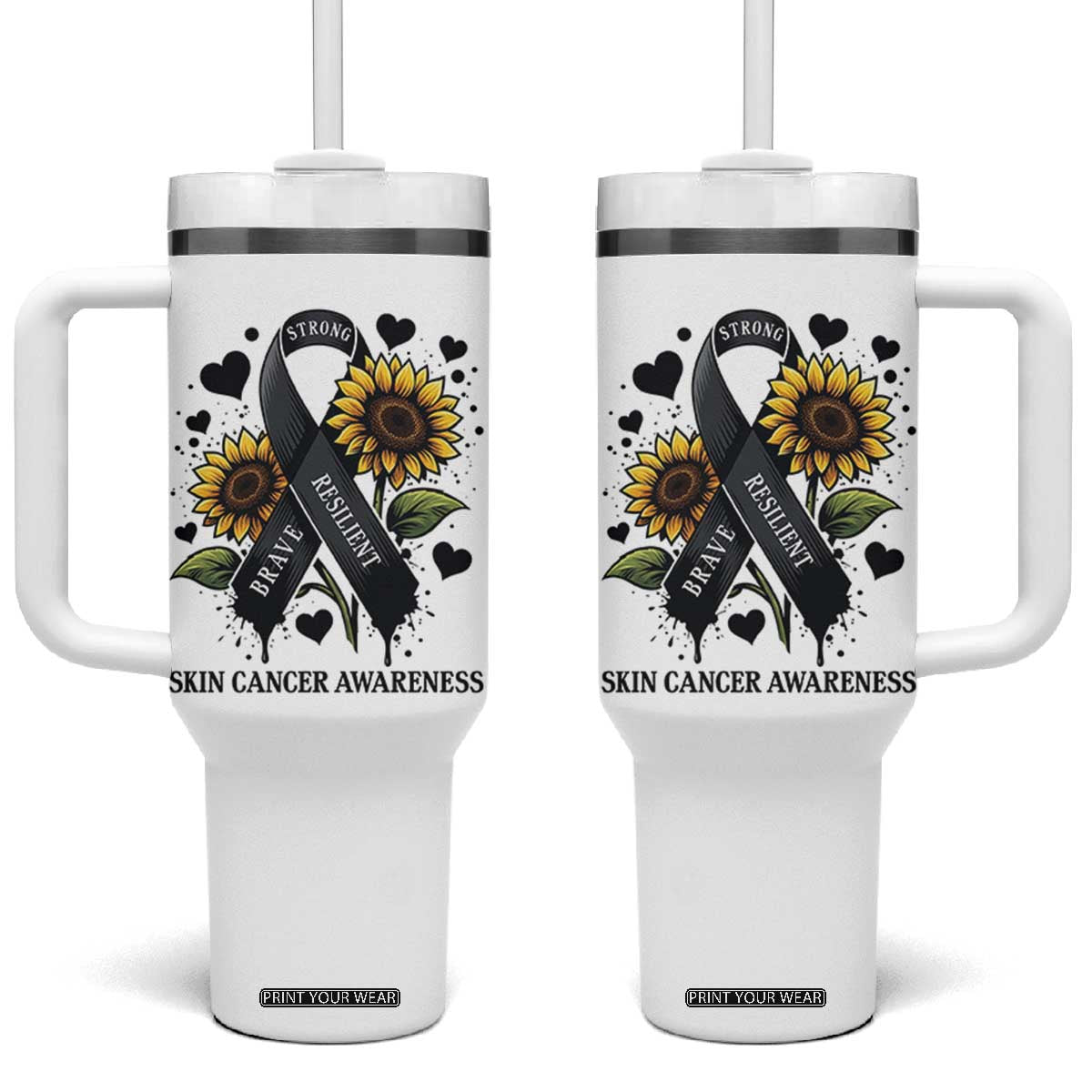 Sunflower Skin Cancer Awareness Tumbler With Handle Brave Strong Resilient TS12 One Size: 40 oz White Print Your Wear