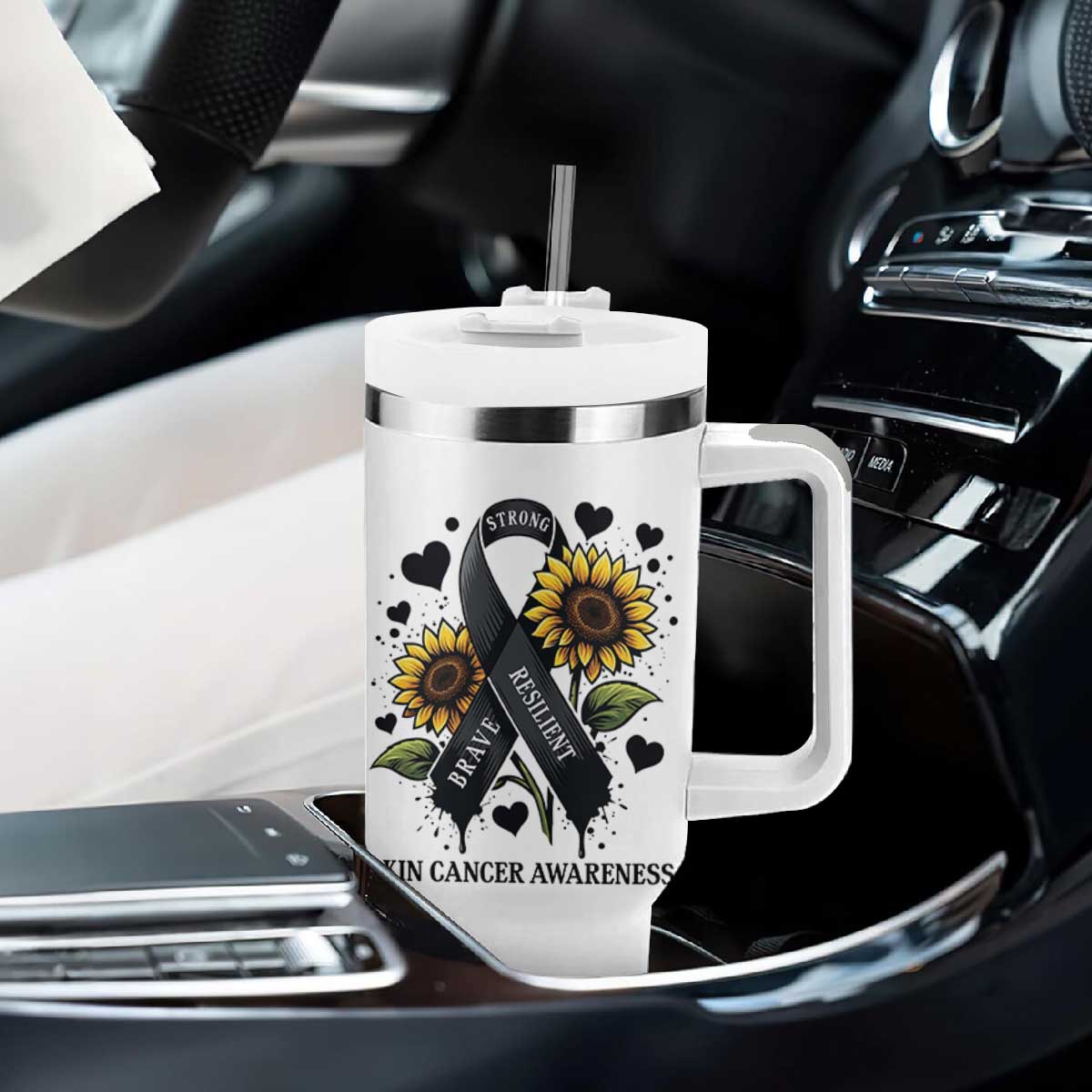 Sunflower Skin Cancer Awareness Tumbler With Handle Brave Strong Resilient TS12 Print Your Wear