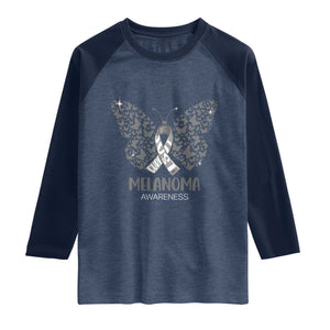 Just Cure It Raglan Shirt Melanoma Warrior Butterfly Support TS12 Heather Denim Navy Print Your Wear