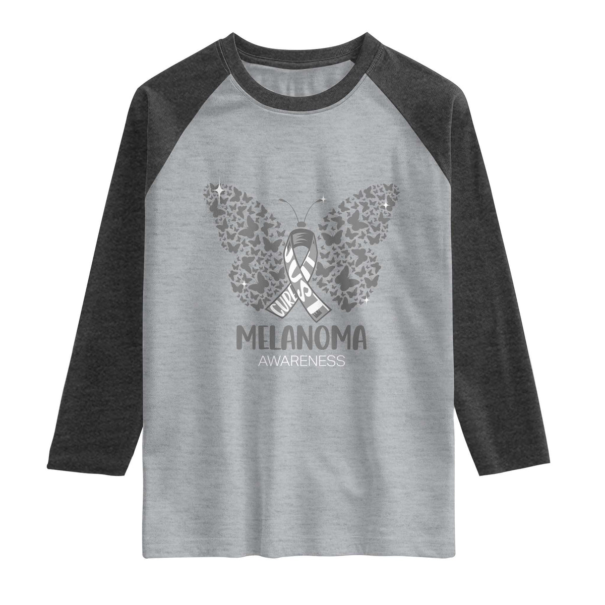 Just Cure It Raglan Shirt Melanoma Warrior Butterfly Support TS12 Heather Gray Heather Charcoal Print Your Wear