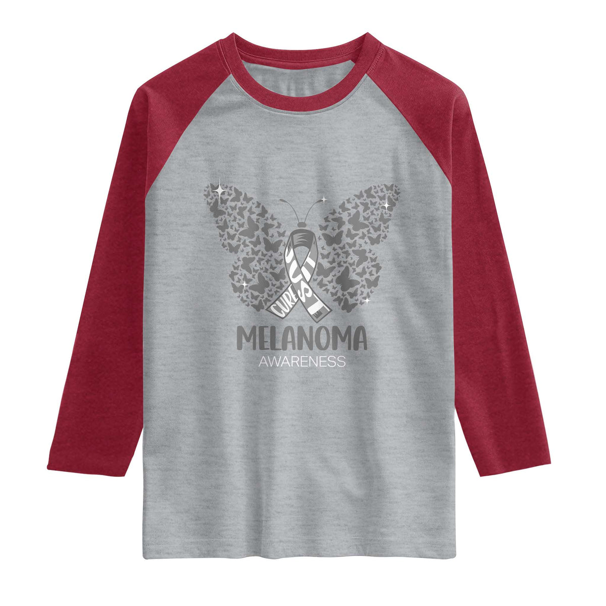 Just Cure It Raglan Shirt Melanoma Warrior Butterfly Support TS12 Heather Gray Heather Red Print Your Wear