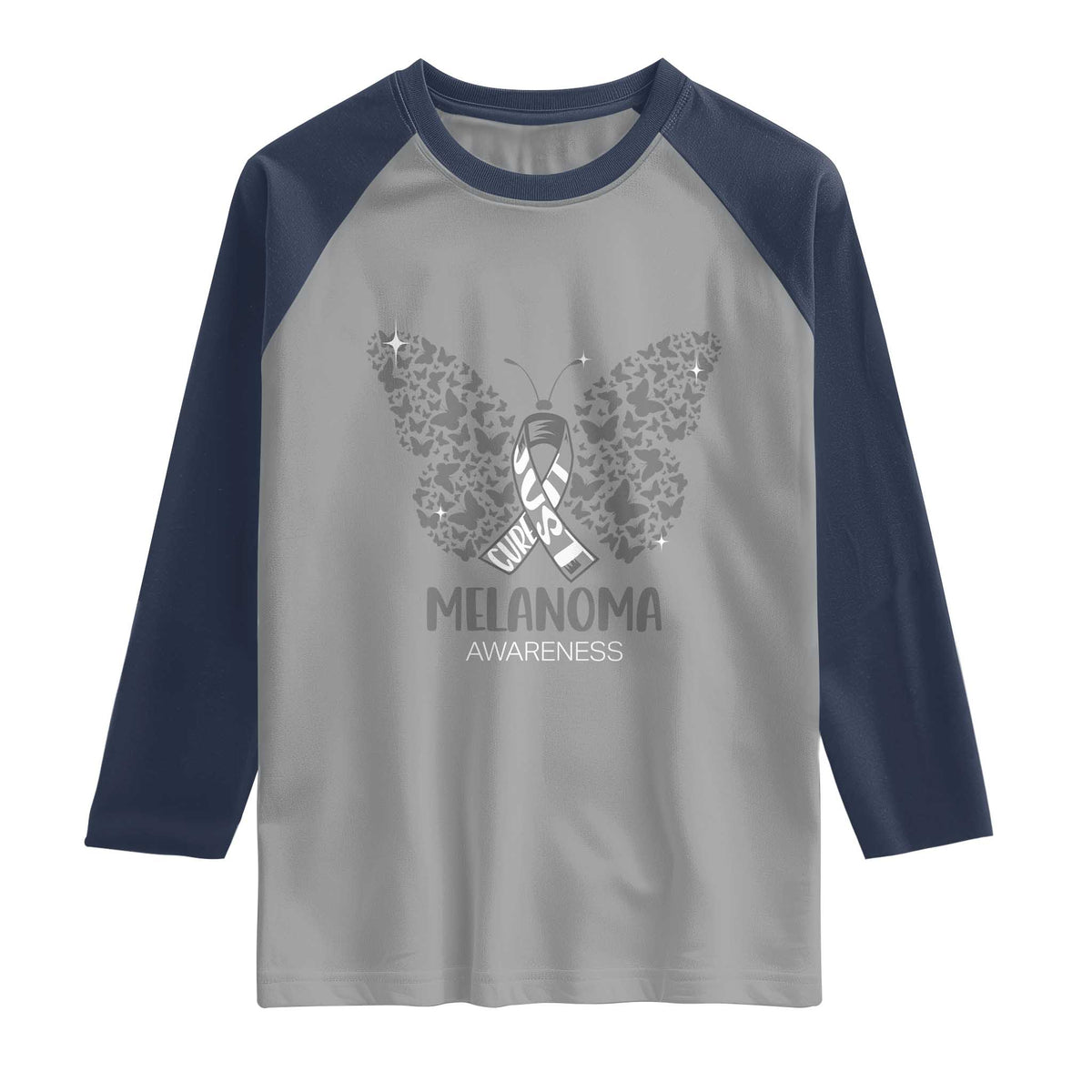 Just Cure It Raglan Shirt Melanoma Warrior Butterfly Support TS12 Sport Gray Navy Print Your Wear