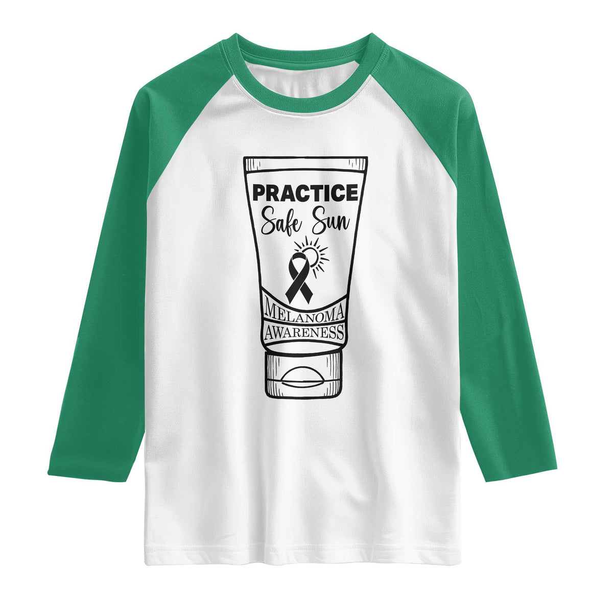 Skin Cancer Prevention Raglan Shirt Practice Safe Sun Awareness Gift TS12 White Kelly Green Print Your Wear