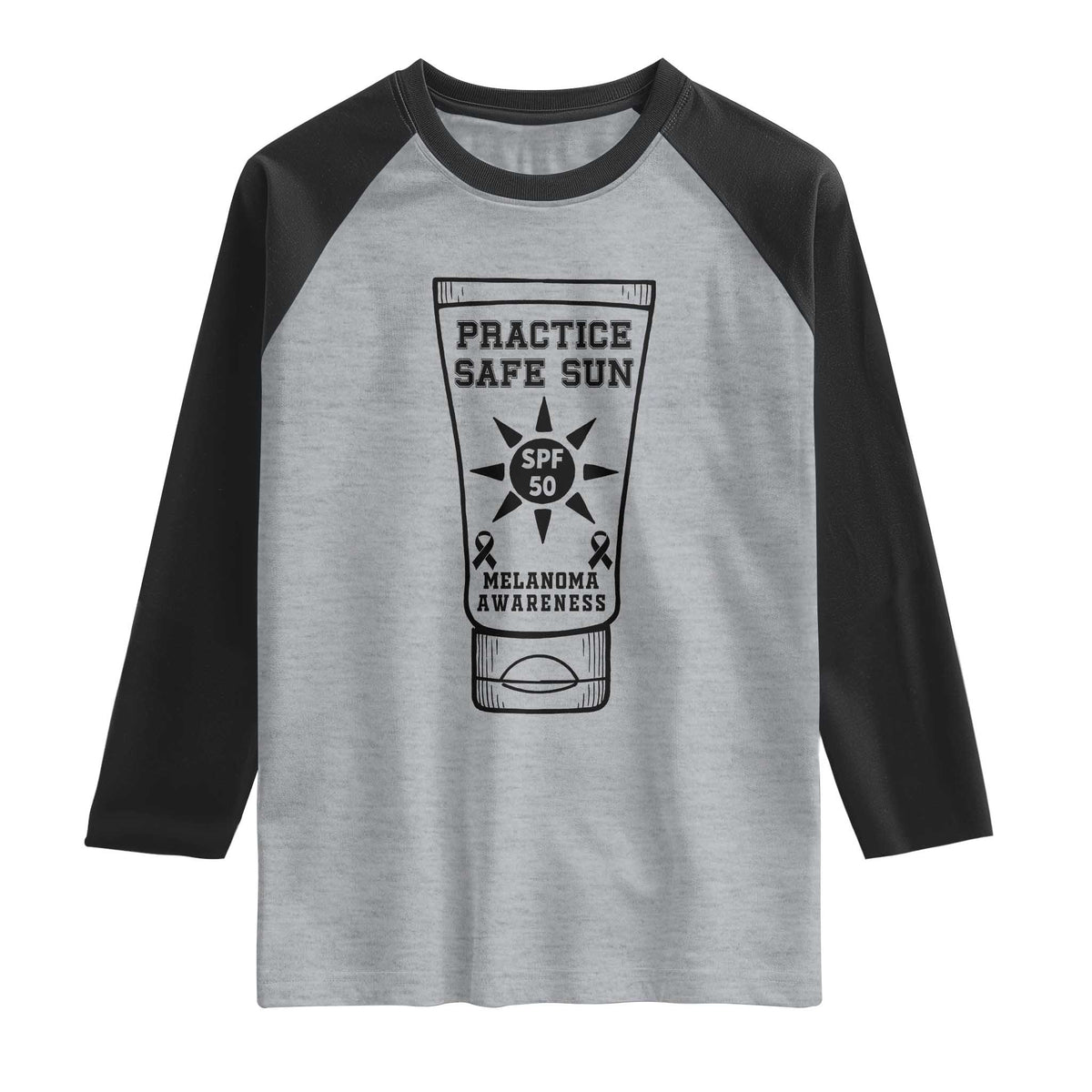 Practice Safe Sun Raglan Shirt Funny Melanoma Skin Cancer Graphic TS12 Heather Gray Black Print Your Wear