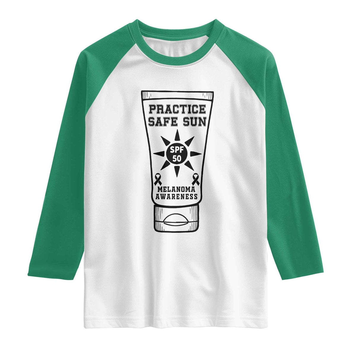 Practice Safe Sun Raglan Shirt Funny Melanoma Skin Cancer Graphic TS12 White Kelly Green Print Your Wear
