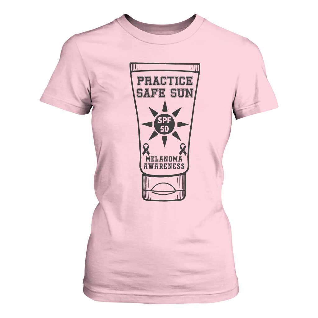 Practice Safe Sun T Shirt For Women Funny Melanoma Skin Cancer Graphic TS12 Light Pink Print Your Wear