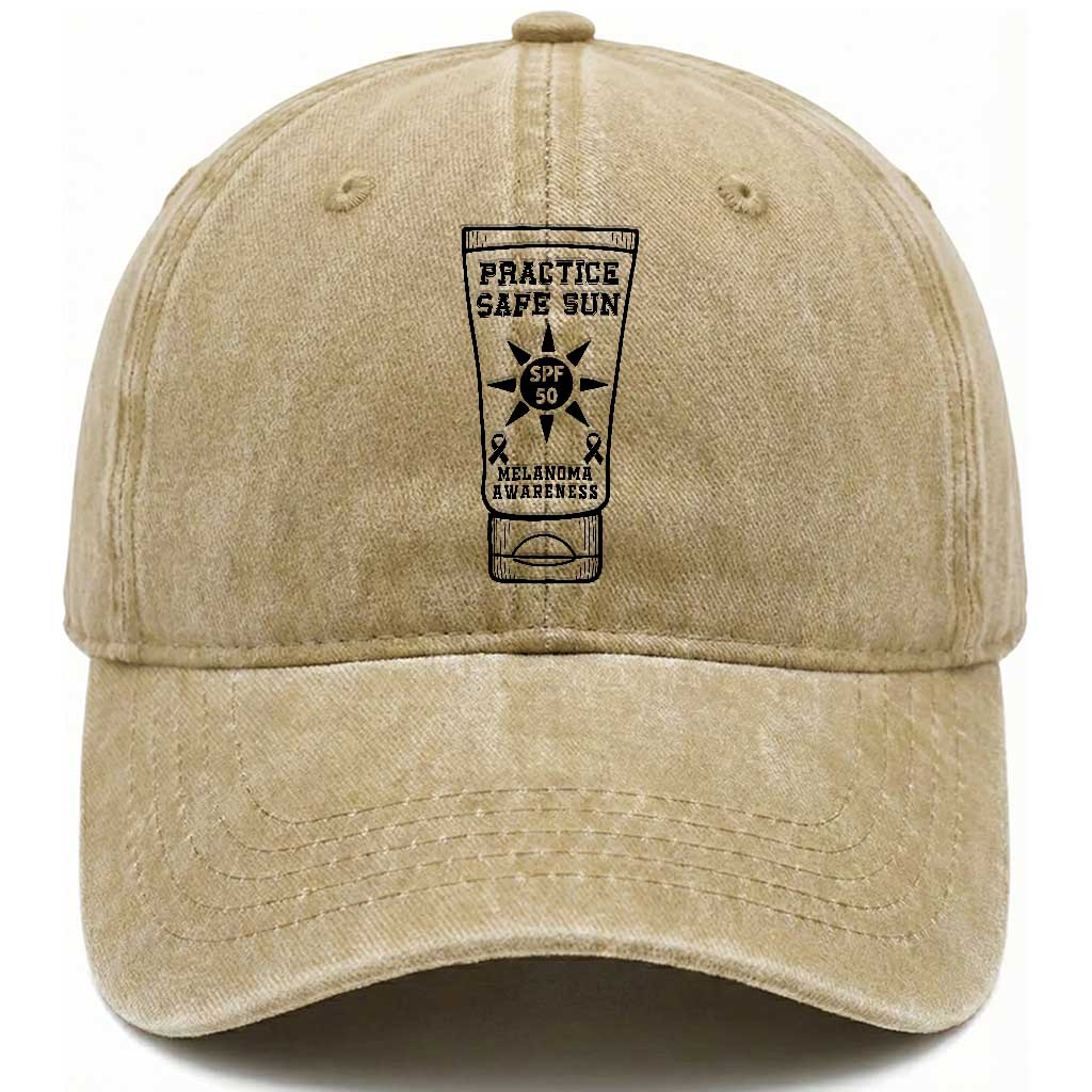 Practice Safe Sun Washed Cotton Baseball Cap Funny Melanoma Skin Cancer Graphic TS12 Print Your Wear