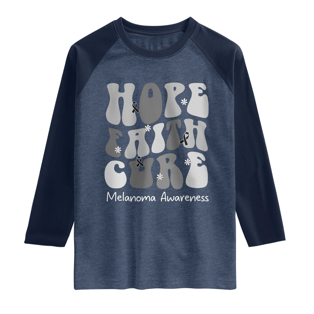 Faith Hope Cure Melanoma Awareness Raglan Shirt Skin Cancer Fighter TS12 Heather Denim Navy Print Your Wear