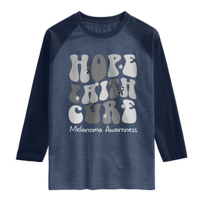 Faith Hope Cure Melanoma Awareness Raglan Shirt Skin Cancer Fighter TS12 Heather Denim Navy Print Your Wear