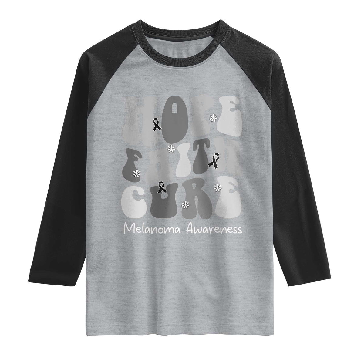 Faith Hope Cure Melanoma Awareness Raglan Shirt Skin Cancer Fighter TS12 Heather Gray Black Print Your Wear
