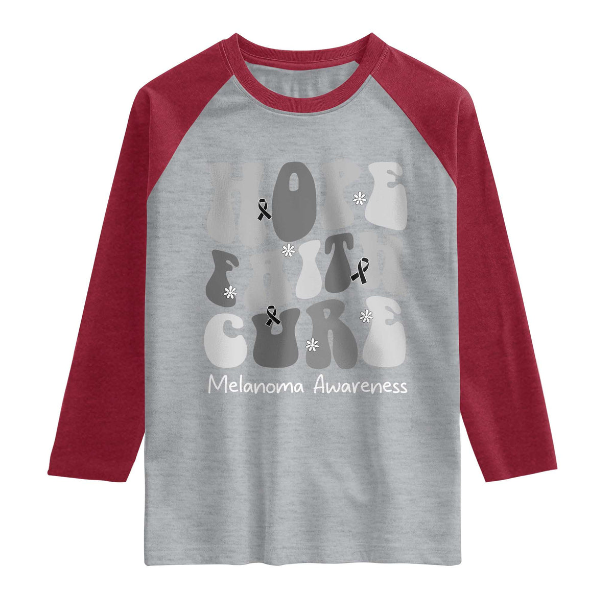 Faith Hope Cure Melanoma Awareness Raglan Shirt Skin Cancer Fighter TS12 Heather Gray Heather Red Print Your Wear