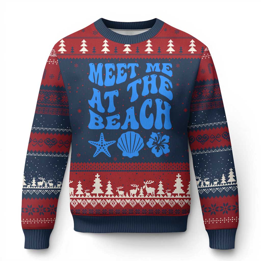 Meet Me At The Beach Ugly Christmas Sweater Tropical Summer Vacation Graphic TS12 Navy Red Print Your Wear