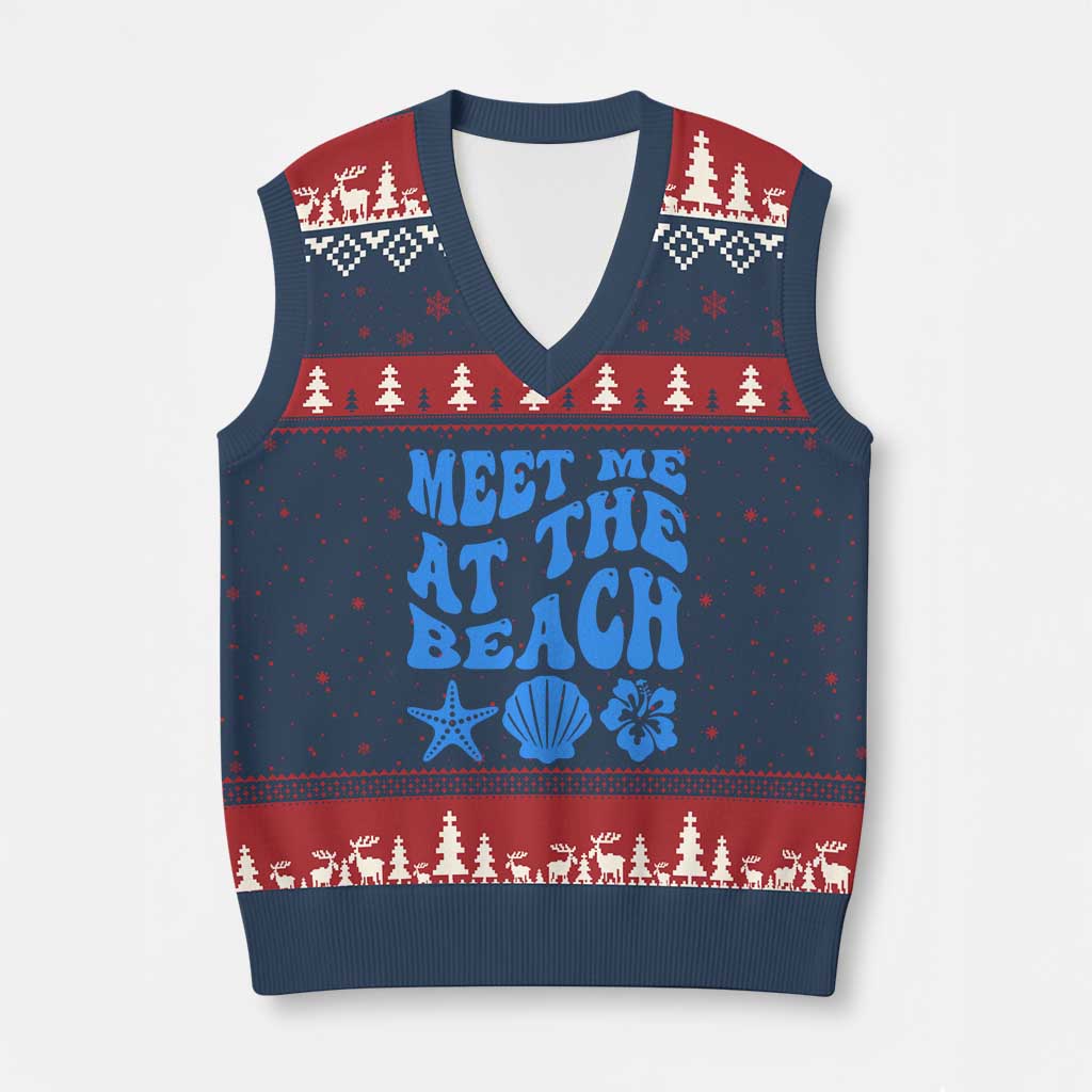 Meet Me At The Beach V-Neck Knit Sweater Vest Tropical Summer Vacation Graphic TS12 Navy Red Print Your Wear