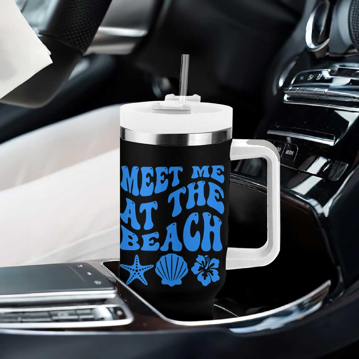 Meet Me At The Beach Tumbler With Handle Tropical Summer Vacation Graphic