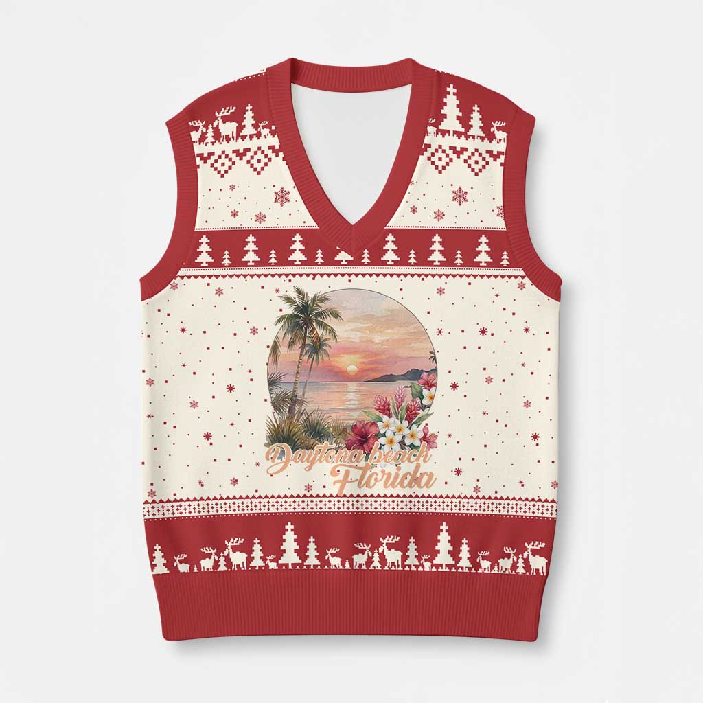 Daytona Beach Florida V-Neck Knit Sweater Vest Tropical Palm Tree Ocean Travel Gift TS12 Beige Red Print Your Wear