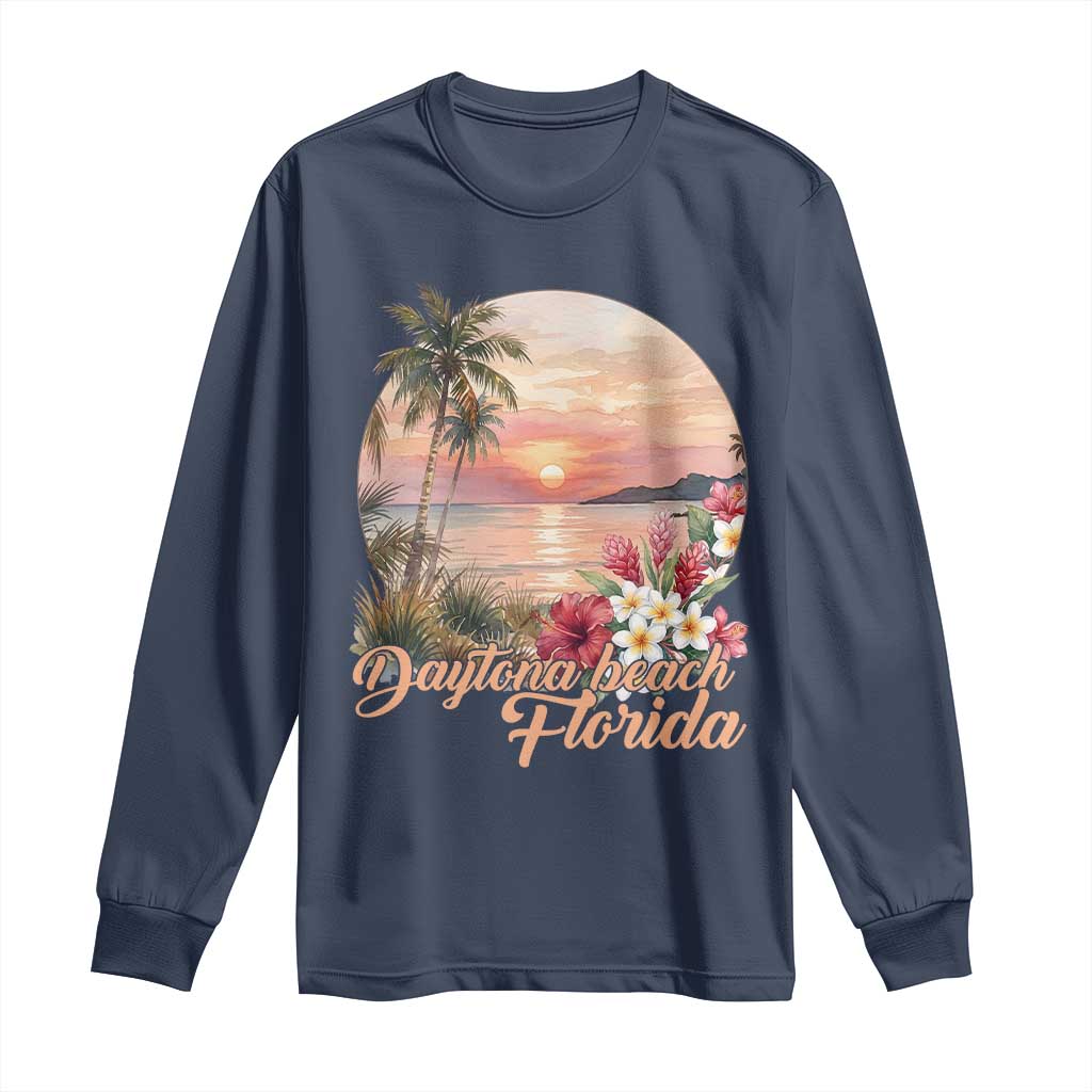 Daytona Beach Florida Long Sleeve Shirt Tropical Palm Tree Ocean Travel Gift TS12 Navy Print Your Wear