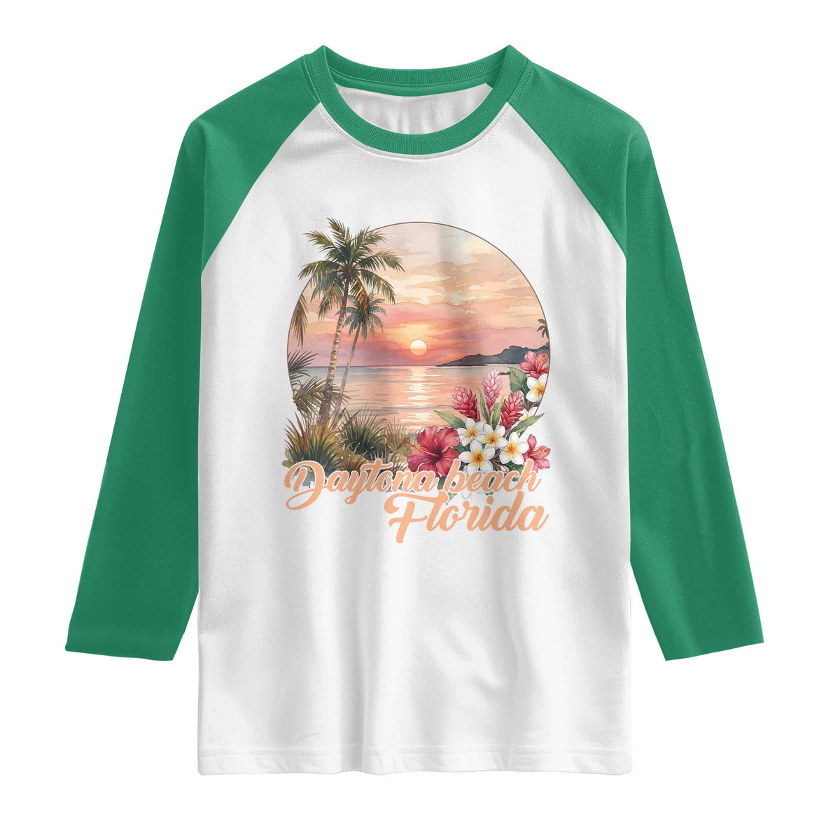 Daytona Beach Florida Raglan Shirt Tropical Palm Tree Ocean Travel Gift TS12 White Kelly Green Print Your Wear