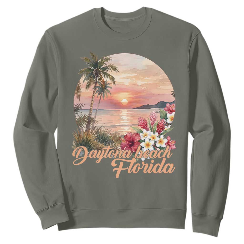 Daytona Beach Florida Sweatshirt Tropical Palm Tree Ocean Travel Gift TS12 Military Green Print Your Wear
