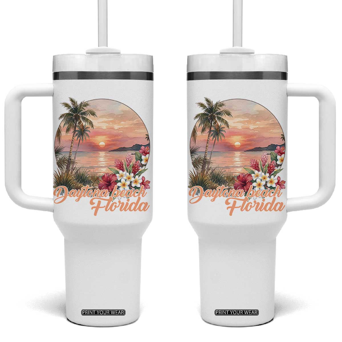 Daytona Beach Florida Tumbler With Handle Tropical Palm Tree Ocean Travel Gift TS12 One Size: 40 oz White Print Your Wear