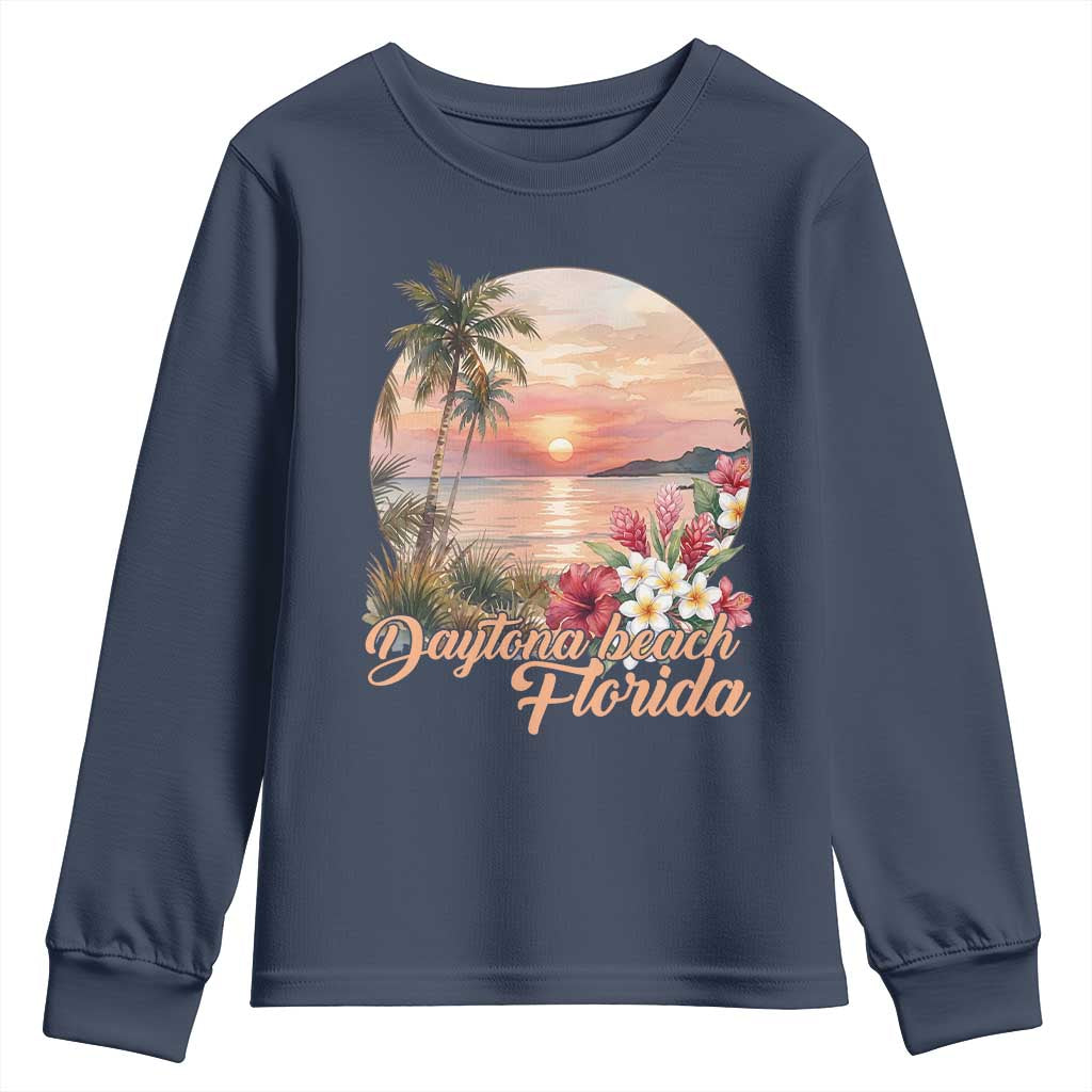 Daytona Beach Florida Youth Sweatshirt Tropical Palm Tree Ocean Travel Gift TS12 Navy Print Your Wear