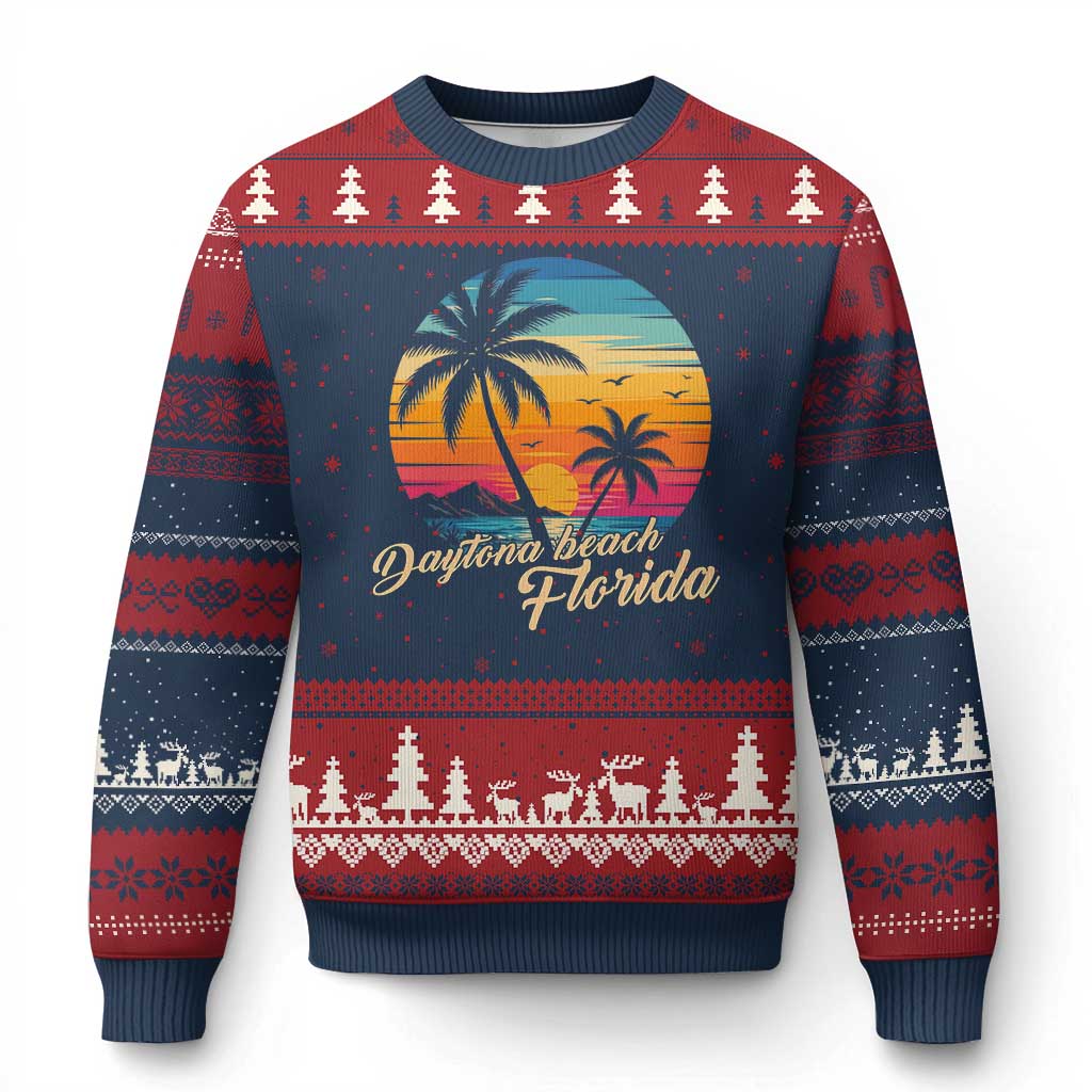 Vintage Daytona Beach Florida Ugly Christmas Sweater Summer Vacation Graphic TS12 Navy Red Print Your Wear