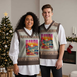 Retro Florida Beach V-Neck Knit Sweater Vest Summer Vacation Gift TS12 Mocha Mousse Print Your Wear