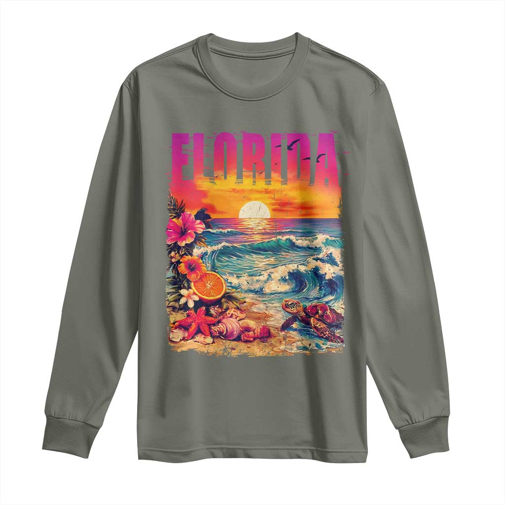 Retro Florida Beach Long Sleeve Shirt Summer Vacation Gift TS12 Military Green Print Your Wear
