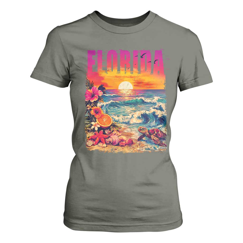 Retro Florida Beach T Shirt For Women Summer Vacation Gift TS12 Military Green Print Your Wear