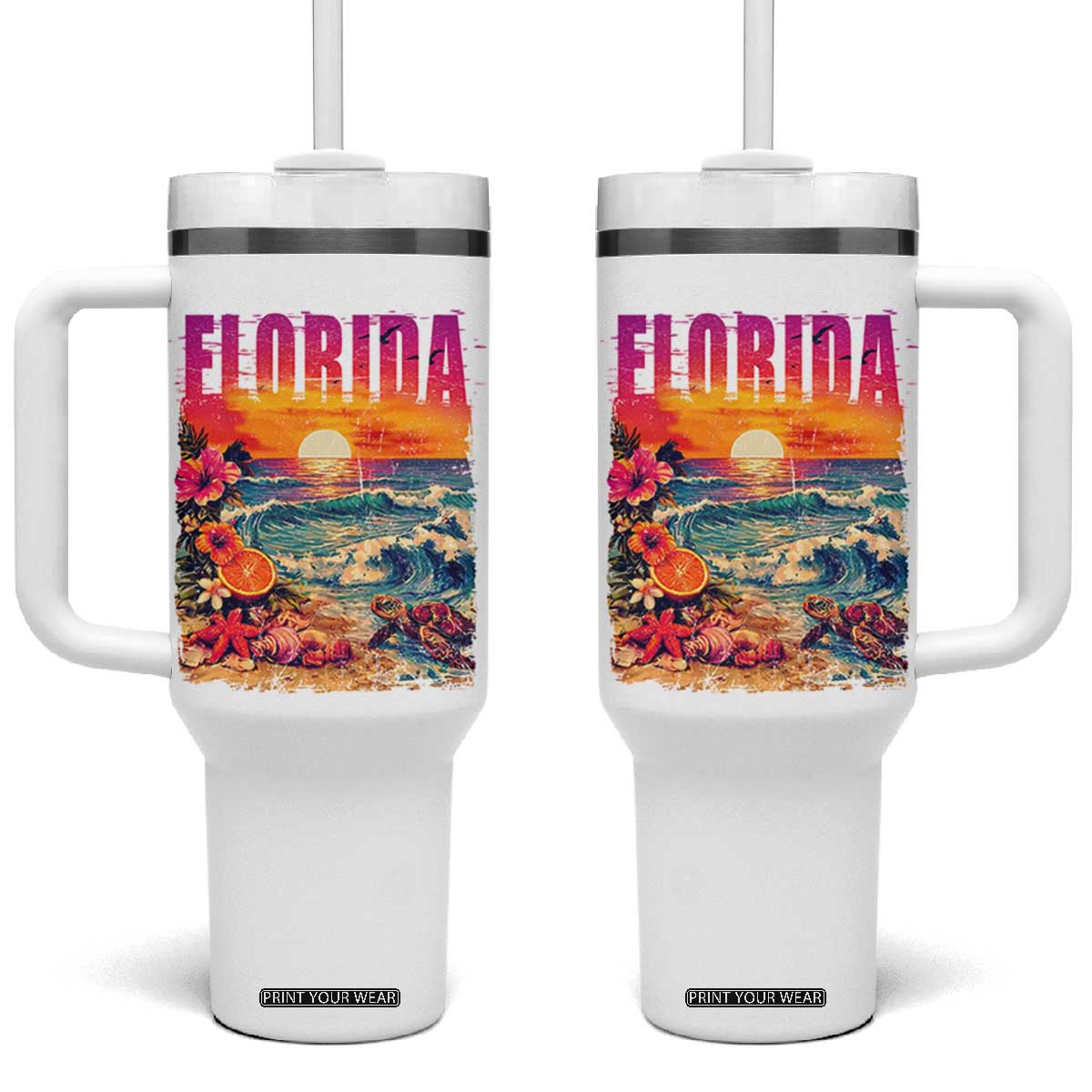 Retro Florida Beach Tumbler With Handle Summer Vacation Gift