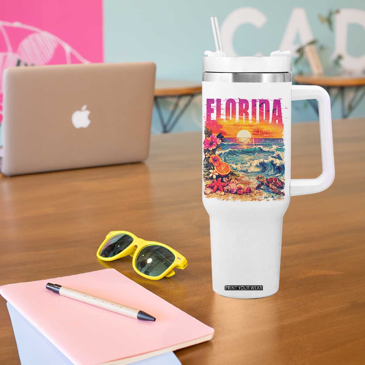 Retro Florida Beach Tumbler With Handle Summer Vacation Gift