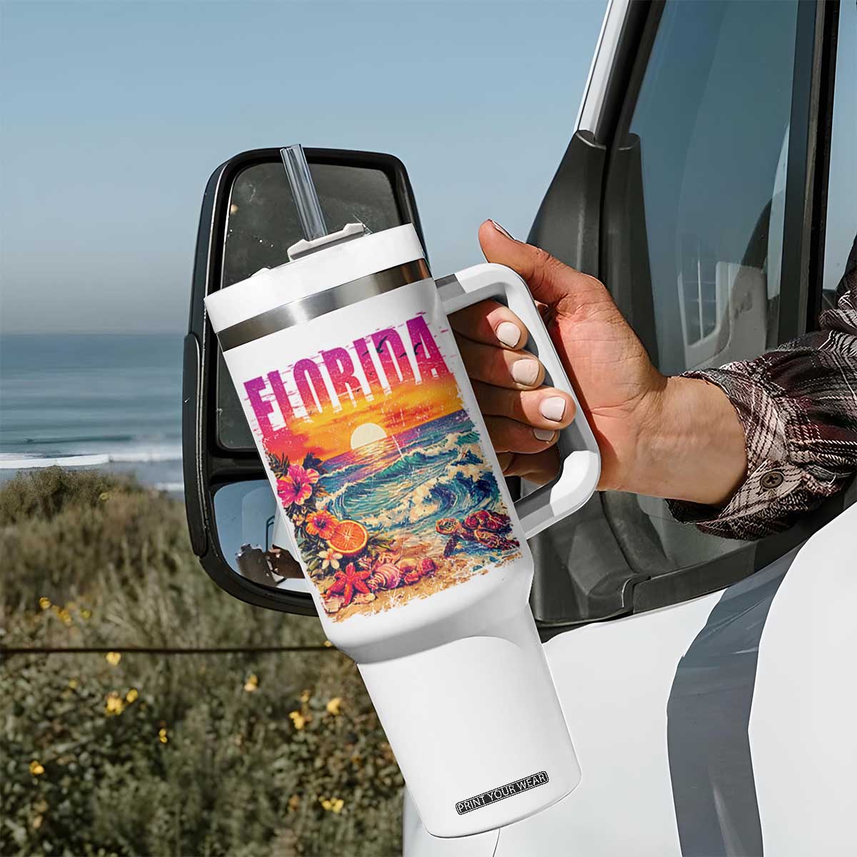 Retro Florida Beach Tumbler With Handle Summer Vacation Gift