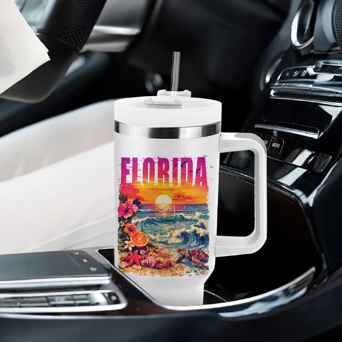 Retro Florida Beach Tumbler With Handle Summer Vacation Gift