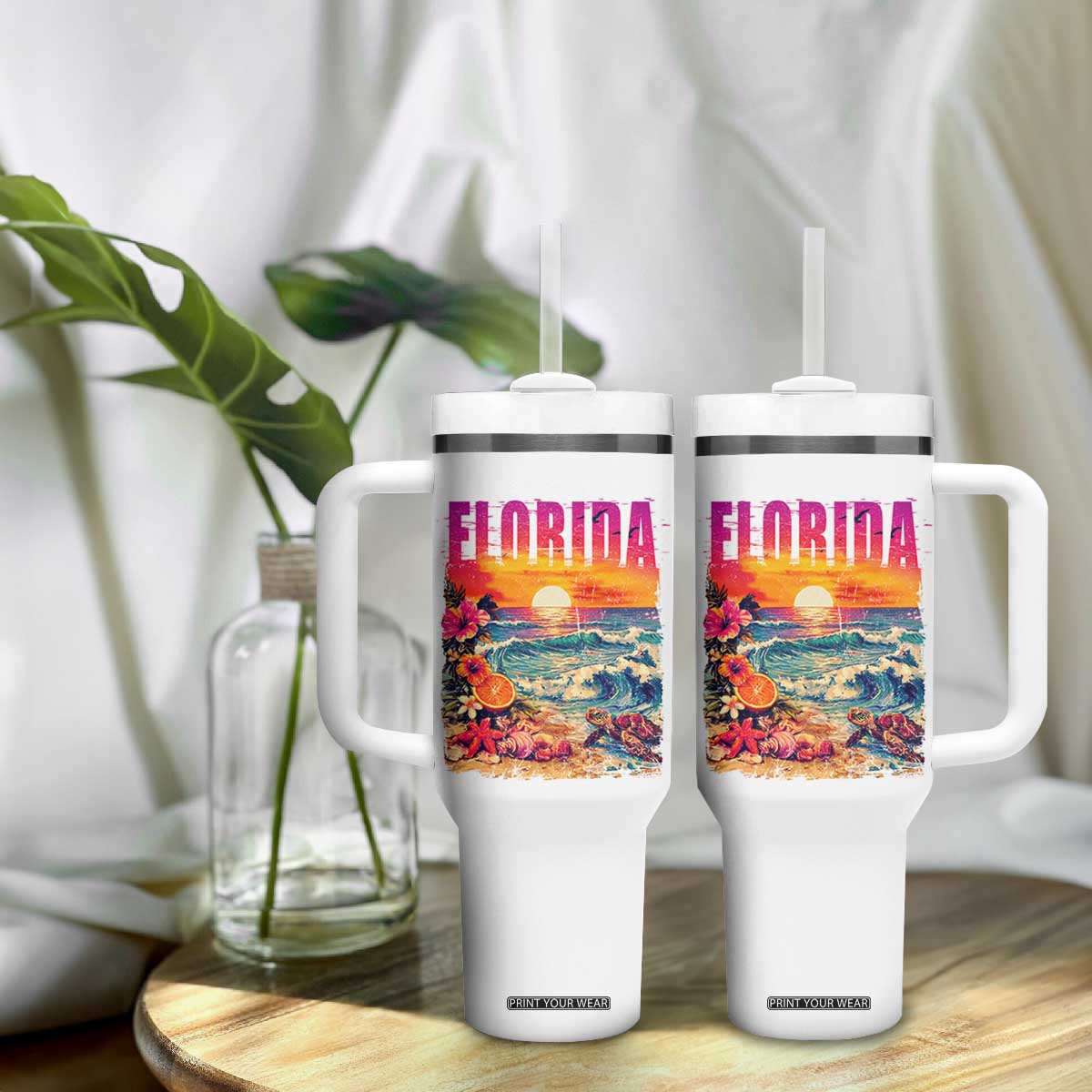 Retro Florida Beach Tumbler With Handle Summer Vacation Gift