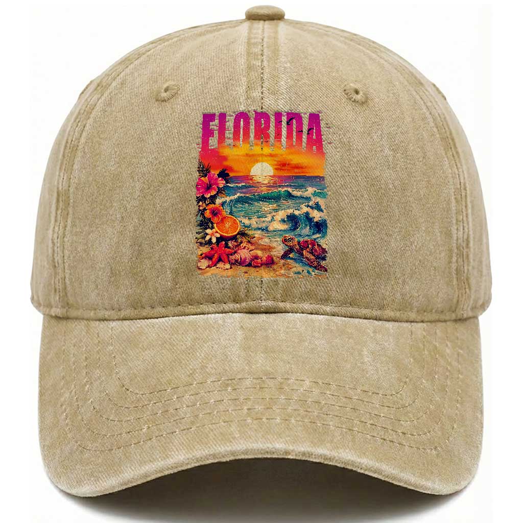 Retro Florida Beach Washed Cotton Baseball Cap Summer Vacation Gift