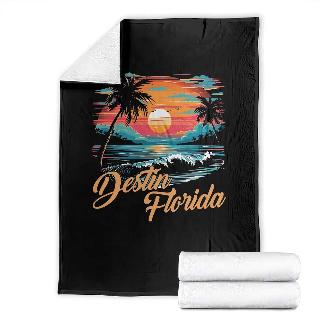 Destin Florida Beach Throw Blanket Retro Sunset Palm Tree Graphic
