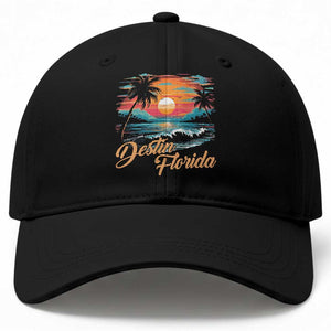 Destin Florida Beach Baseball Cap Retro Sunset Palm Tree Graphic