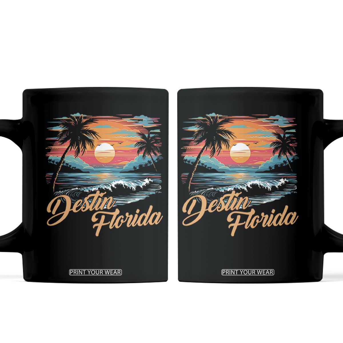 Destin Florida Beach Coffee Mug Retro Sunset Palm Tree Graphic