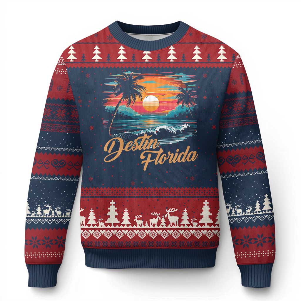 Destin Florida Beach Ugly Christmas Sweater Retro Sunset Palm Tree Graphic TS12 Navy Red Print Your Wear