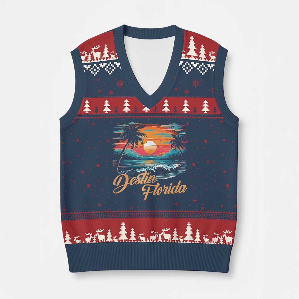 Destin Florida Beach V-Neck Knit Sweater Vest Retro Sunset Palm Tree Graphic TS12 Navy Red Print Your Wear