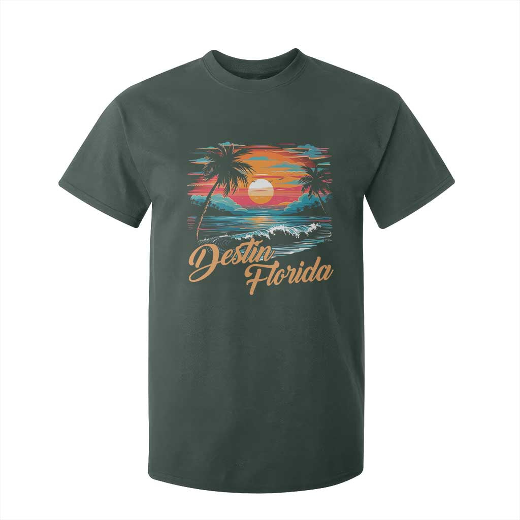 Destin Florida Beach T Shirt For Kid Retro Sunset Palm Tree Graphic TS12 Dark Forest Green Print Your Wear