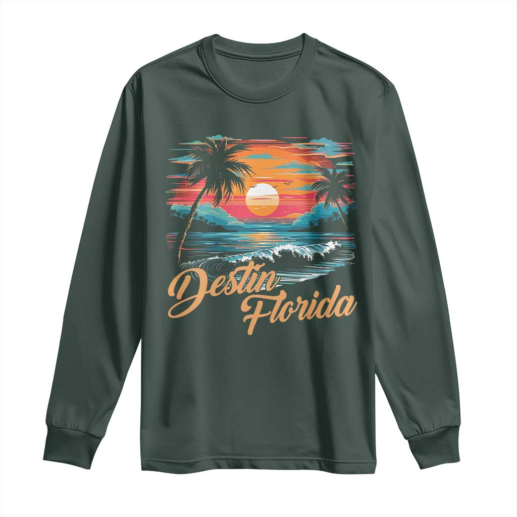 Destin Florida Beach Long Sleeve Shirt Retro Sunset Palm Tree Graphic TS12 Dark Forest Green Print Your Wear