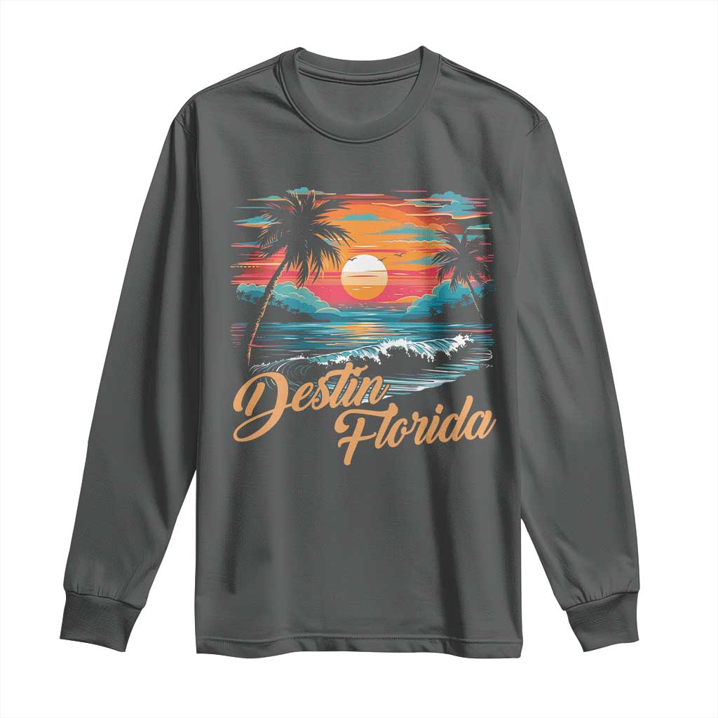 Destin Florida Beach Long Sleeve Shirt Retro Sunset Palm Tree Graphic TS12 Dark Heather Print Your Wear